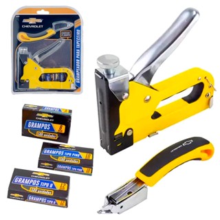 Kit Jogo Grampeador Tapeceiro Alta Pressão Profissional C/ Acessórios 5 Peças + 1500 Grampos