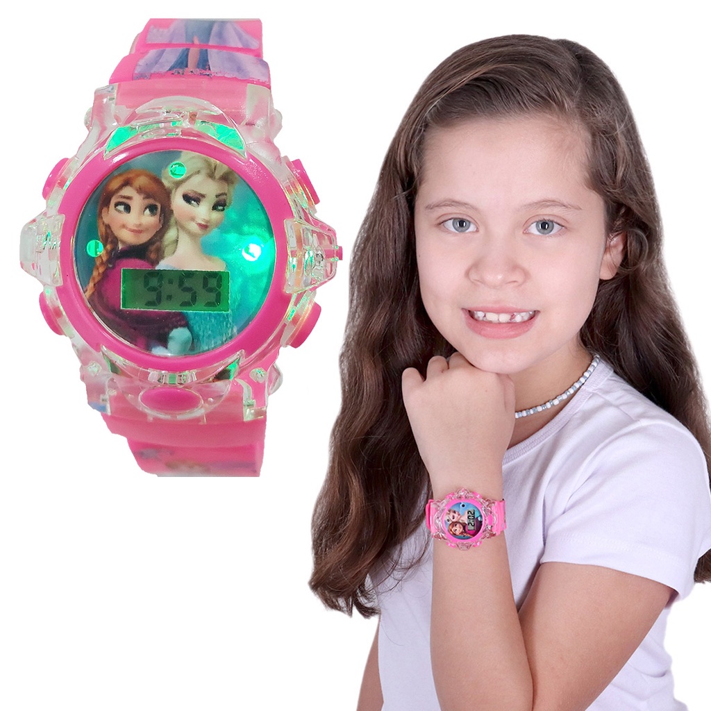 Relógio Frozen e Elza Infantil Digital Feminino Luz Led com toque Musical