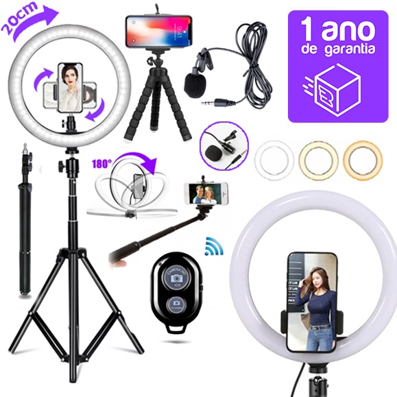 Kit Youtuber PodCast Gravações Tripé Profissional 2.10m+ Microfone Lapela e Ring Light com Suporte de Celular