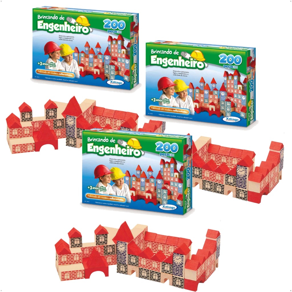 Kit 3 un Blocos para Montar Brincando de Engenheiro 200 peças Madeira Reflorestada Xalingo 53065