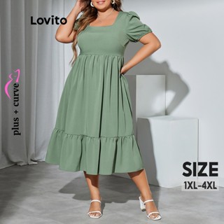 Lovito Vestido Plus Size Feminino Casual com Zíper Camada Dupla Decote Quadrado Manga Bufante LPS05023 (Verde)