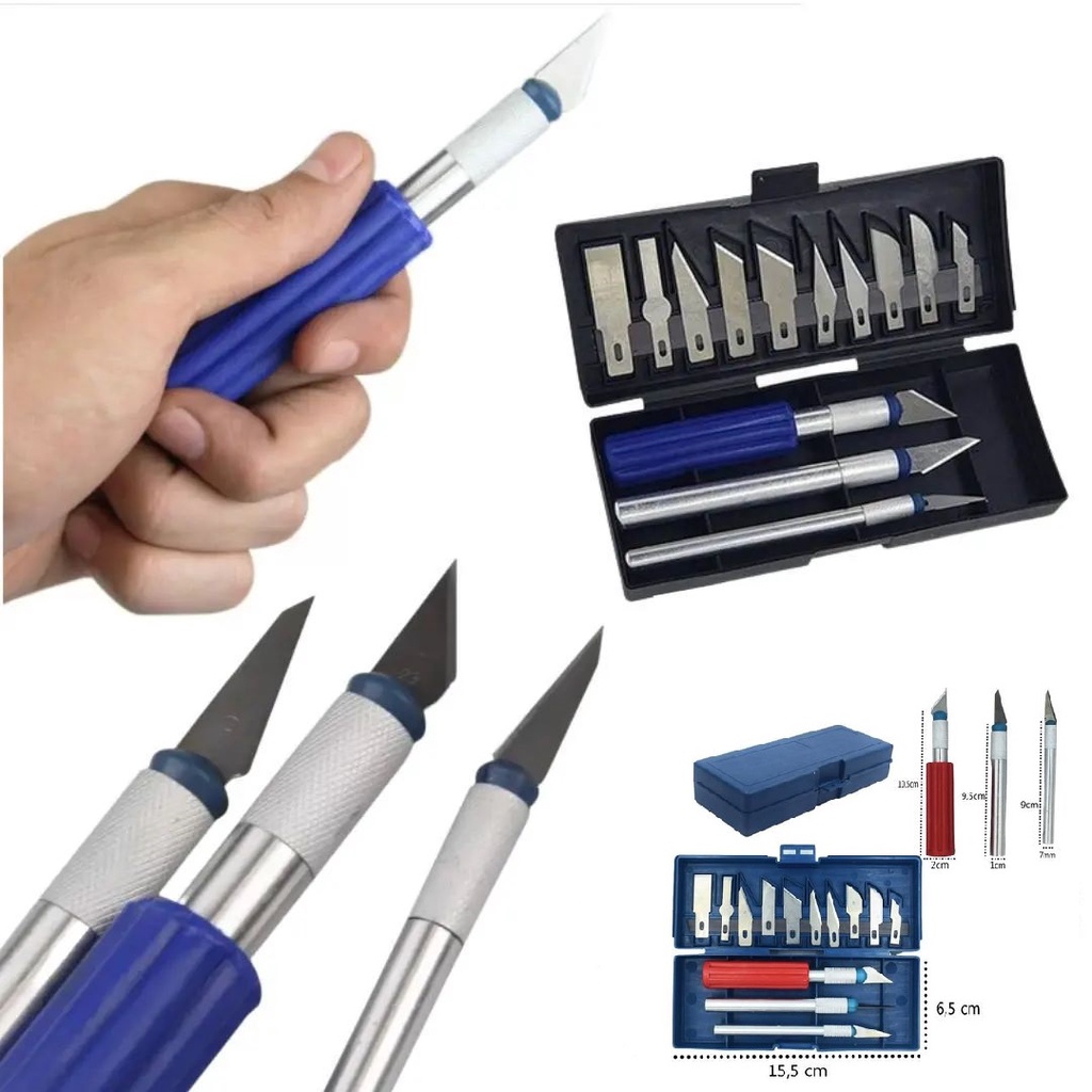 Imagem Kit Estilete De Precisão Bisturi Profissional  - Artesanato - C/ 13 Peças