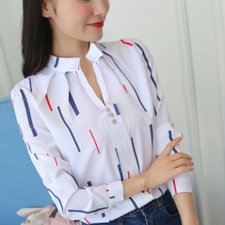 Blusas femininas brancas, blusas femininas, com estampa listrada, casual, manga comprida, camisas de trabalho de escritório, blusas slim