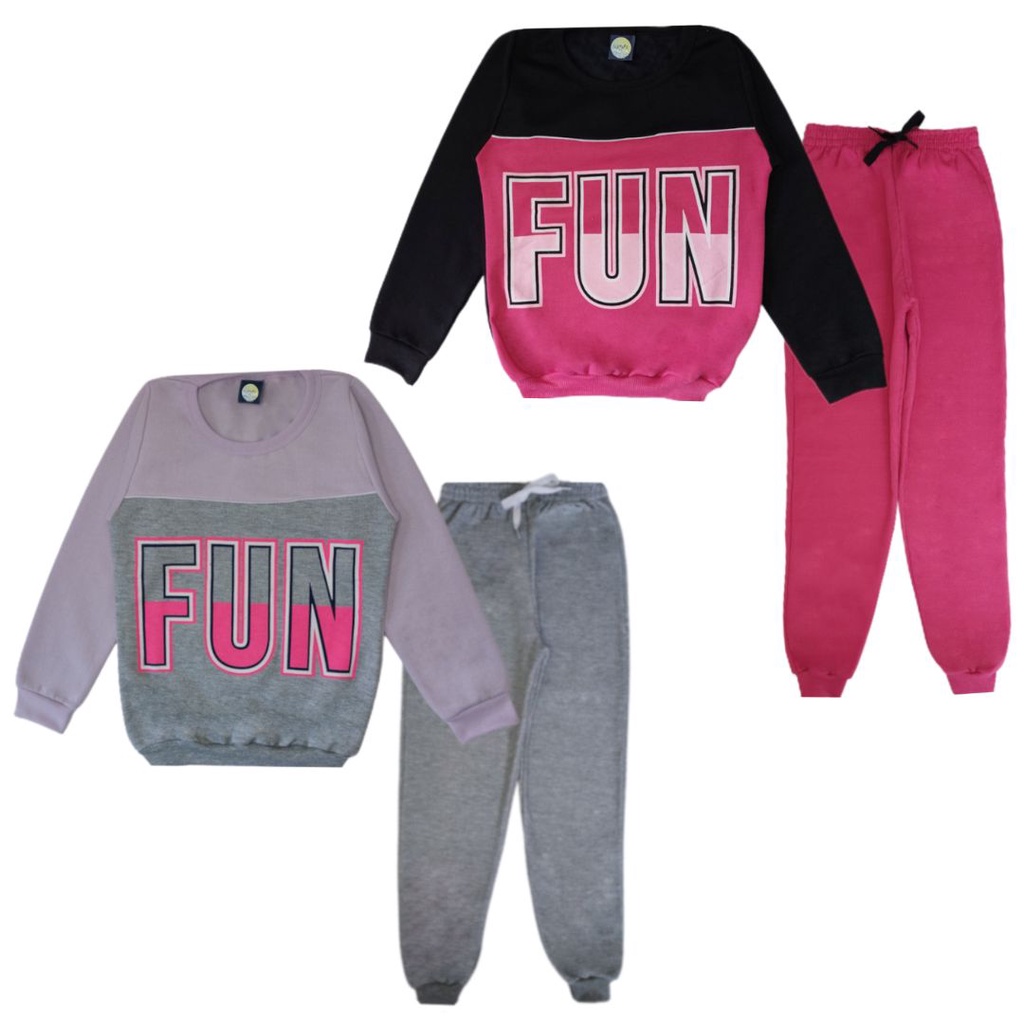 Kit 2 Conjuntos Moletom Juvenil Feminino Blusa Calça Flanelado punhos, Roupa inverno menina Agasalho infantil  Tamanho 10 12 14 16 atacado