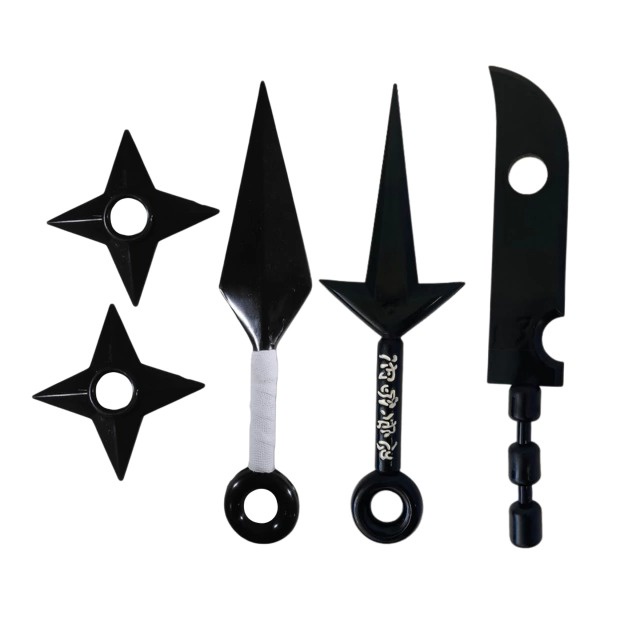 Kit 3 Facas Kunai e 2 Shuriken de Borracha Sem Corte Produto Infantil Cosplay Nerd Fantasia Ninja Acessório Geek Personalizado Presente Otaku