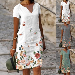 Vestido de escritório estilo casual com decote em V manga curta vestido de festa com estampa floral