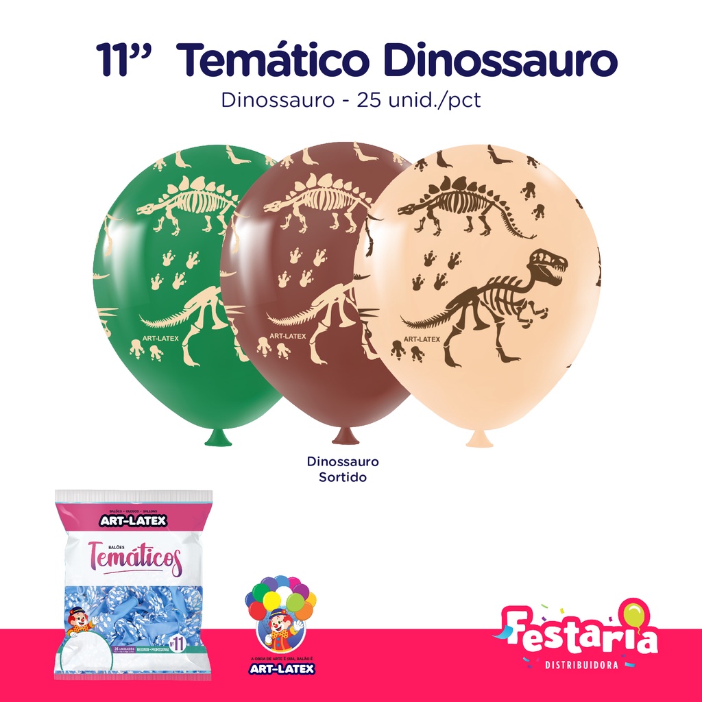 Balão Bexiga Temático 11" Dinossauros Sortidos  – 25 Unidades – Art Latex em Oferta na Shopee