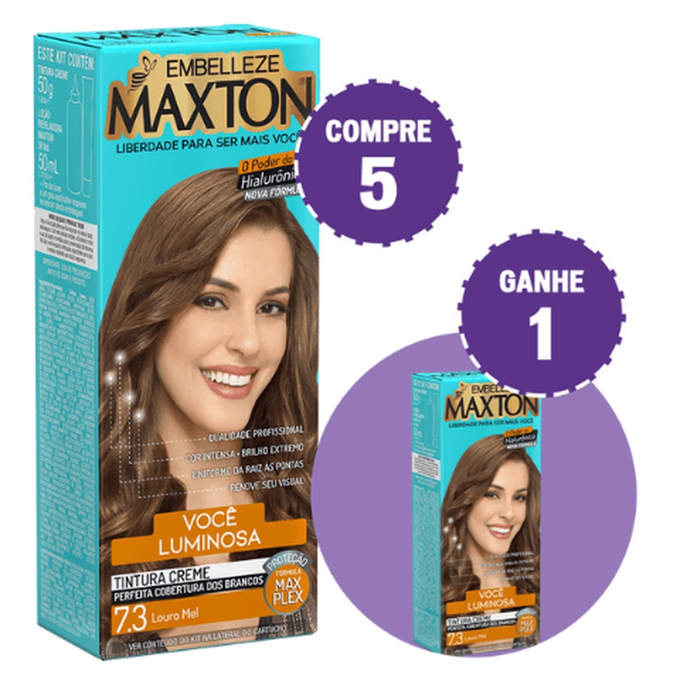 KIT COMPRE 5 TINTA DE CABELO MAXTON LOURA +LUMINOSA LOURO MEL 7.3 E GANHE 1