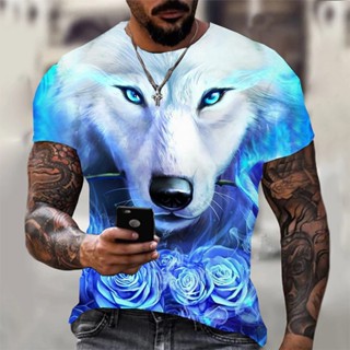 Camiseta De Lobo Casual Masculino Impressão 3d Flor Com Colarinho Redondo Manga Curta Moda Streetwear