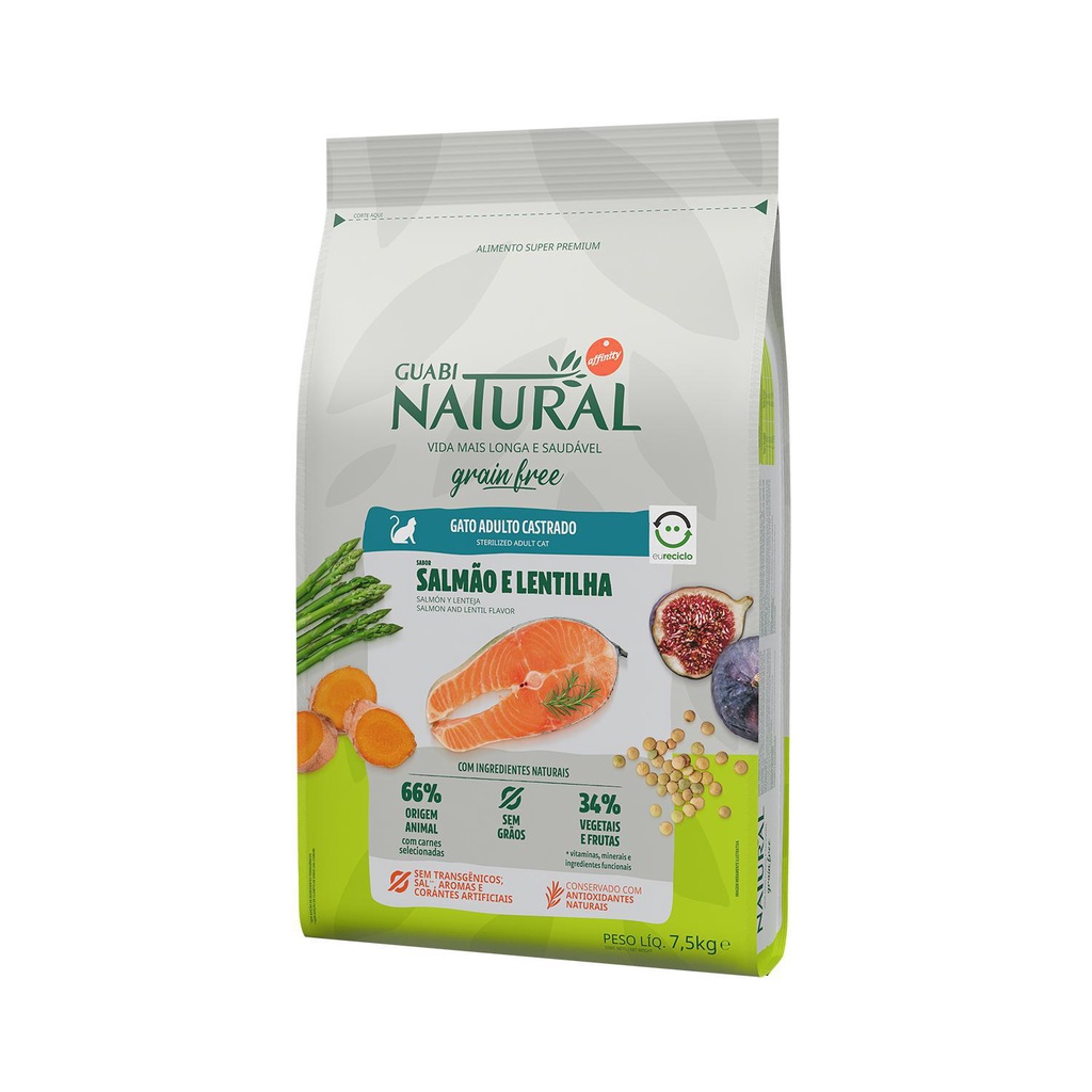 Ração Guabi Natural Grain Free Gato Castrado Salmão Lentilha 7,5Kg