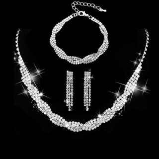 Colar De Prata Noiva Brinco Pulseira Conjunto De Cristal Jóias De Casamento Rhinestone Senhoras E Meninas