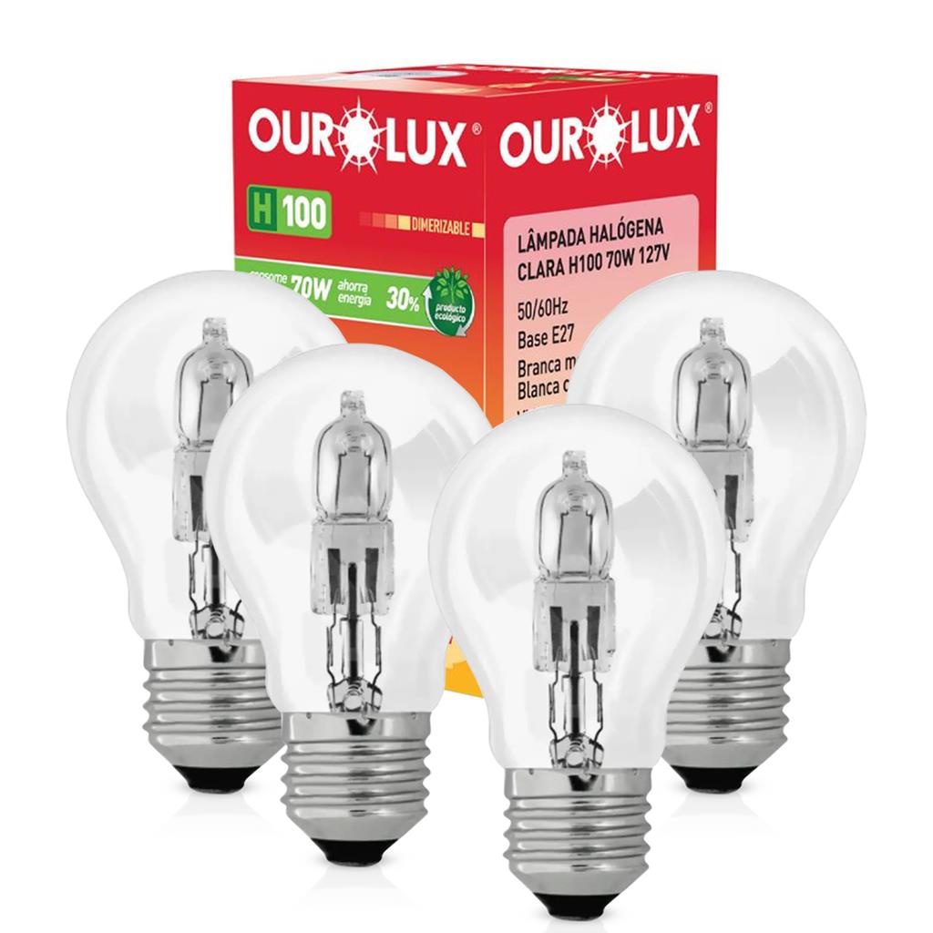 Kit 4 Lampadas Eco Halogena Clara H100 70W 127V E27 2800K em Oferta na Shopee