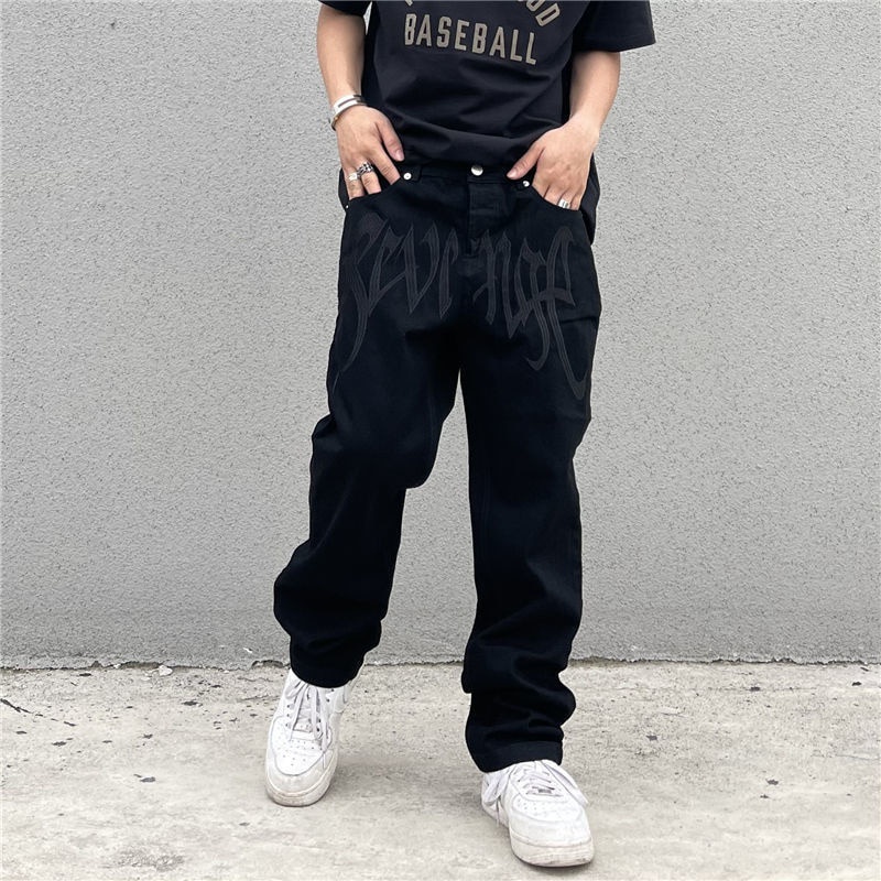 Emo Homens & # 39 ; s Moda Roupa De Rua Preta Bordado Calças De Ganga Baggy Hip Hop Alt Masculinas RMAY