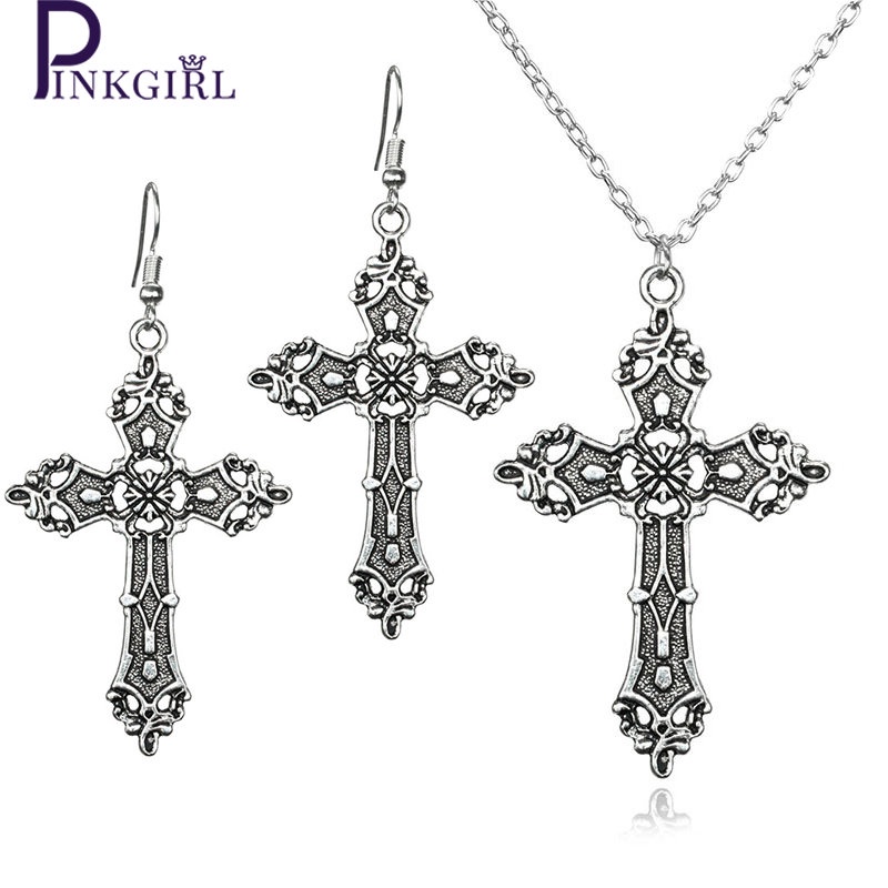 Acessórios De Joalheria Personalidade Popular Vintage Gothic Fashion Cross Shape Pingente Prata Cor Mulher Colar Homens Brincos Elegante