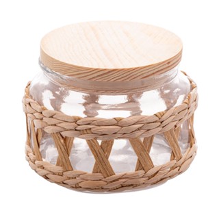 Porta Mantimentos De Vidro C/ Sisal E Tampa De Madeira 350Ml