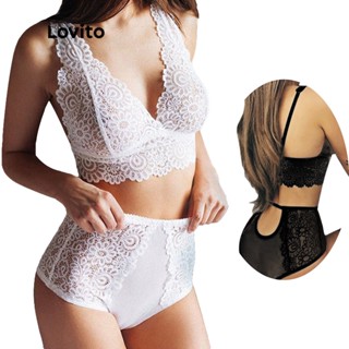 Lovito Sexy Lingerie de Renda e Malha Contrastante com Decote em V ProfundoL004016 (Branco/Preto)