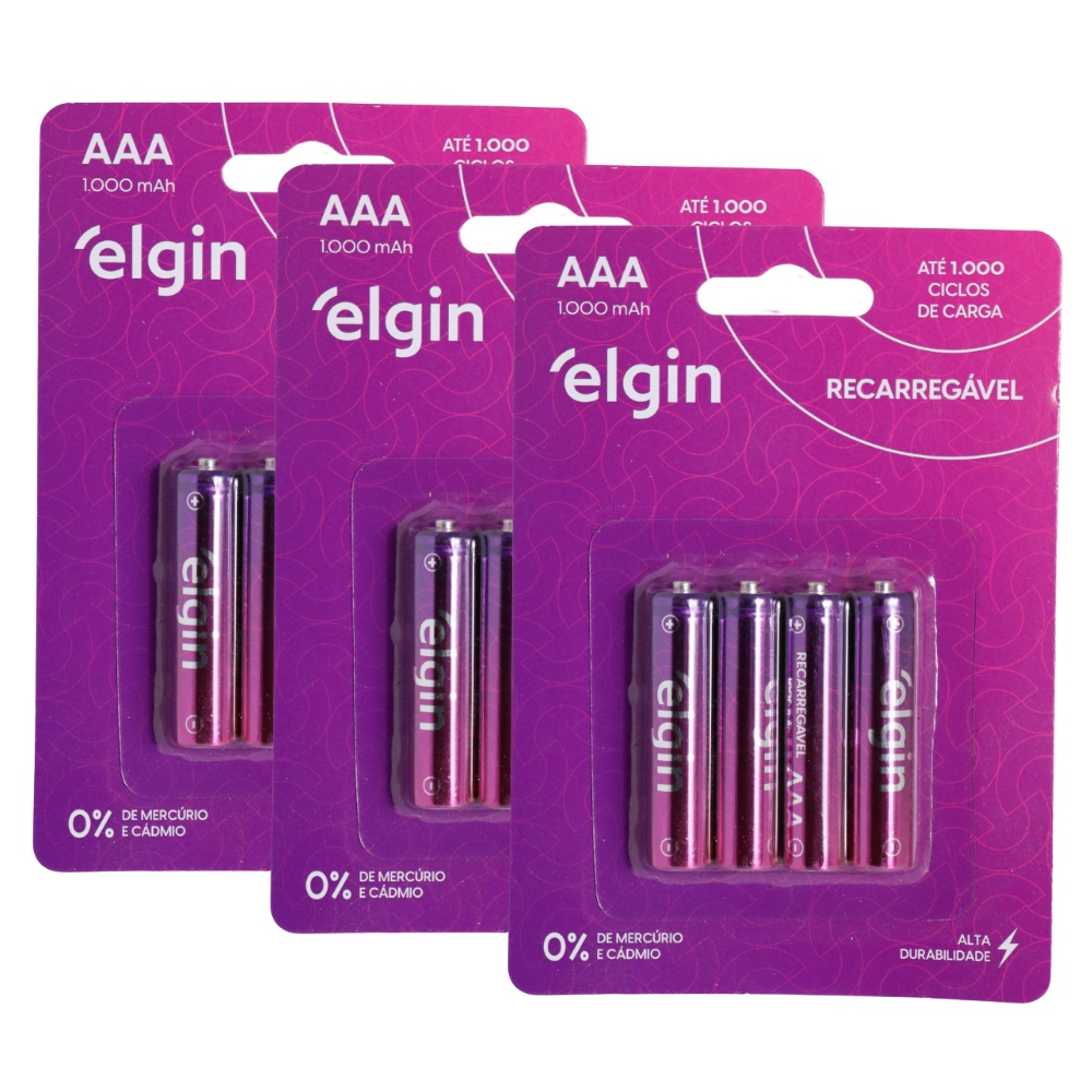 Kit 12 Pilhas Recarregável AAA Palito Blister Com 4 Un Elgin