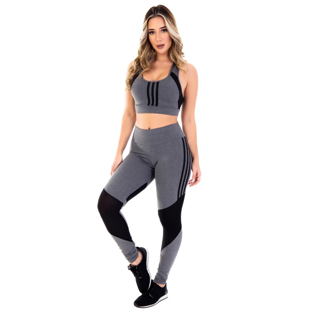 Conjunto Fitness Feminino CINZA MESCLA Top Cropped Nadador Sem Bojo e Calça Legging Conforto Roupa de Academia Ginástica e Moda Casual