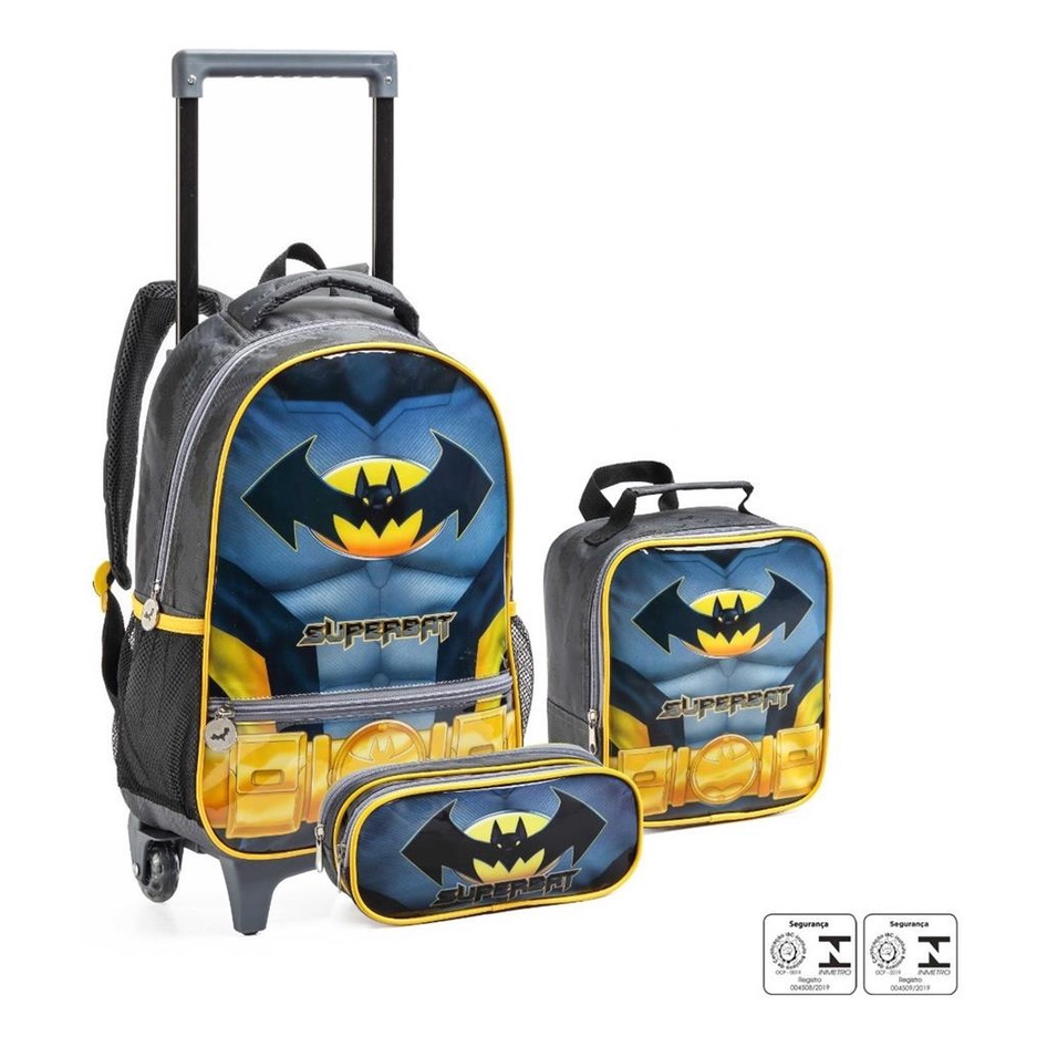 Kit Mochila Rodinha Lancheira Estojo Escolar Infantil Menino Gotham Batman Seanite Morcego