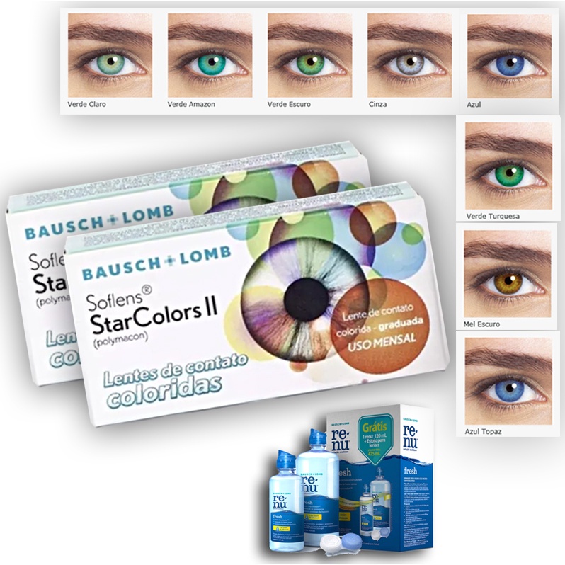 Lente De Contato Colorida Star Colors 2 - COM GRAU - MIOPIA + KIT RENU FESH 475ML - Health