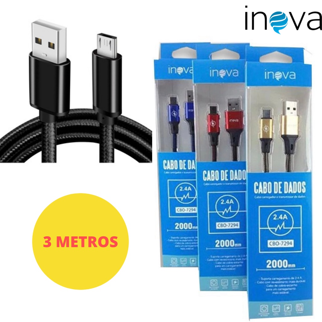 Cabo V8 3 METROS A01 Core G6 Play J2 Prime J4 J5 Prime J7 Prime J7 Pro J8 A10 A10S Cabo Carregador V8 Turbo Cabo INOVA