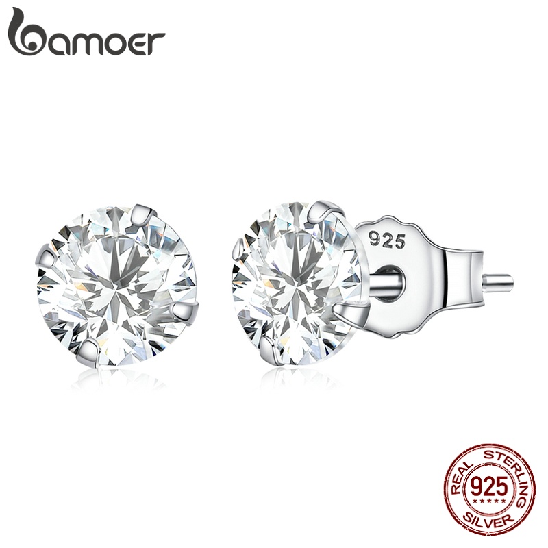 Bamoer Brincos Femininos De Prata 925 Com Zircônia Brilhante 7mm BSE166 em Oferta na Shopee