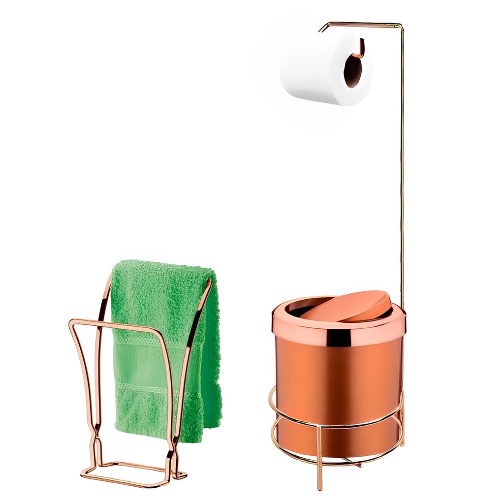 Kit Suporte Porta Papel Higiênico Lixeira 5L Cesto Lixo Tampa Basculante Toalheiro Duplo Banheiro Rose Gold - Future