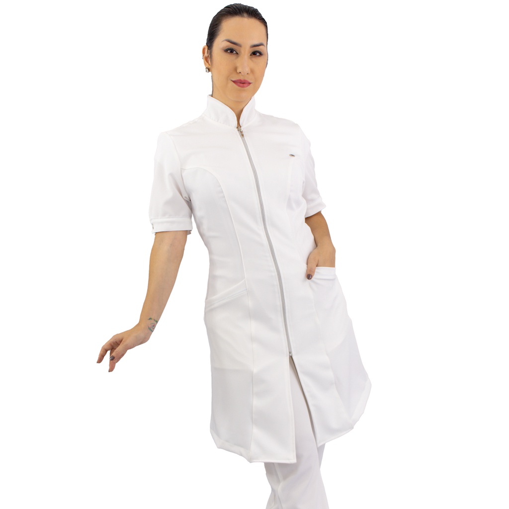 Jaleco Feminino Gola Padre Manga Curta Branco Off White Esteticista Salão de Beleza Profissional Veterinária Estudante Consultório Dentista