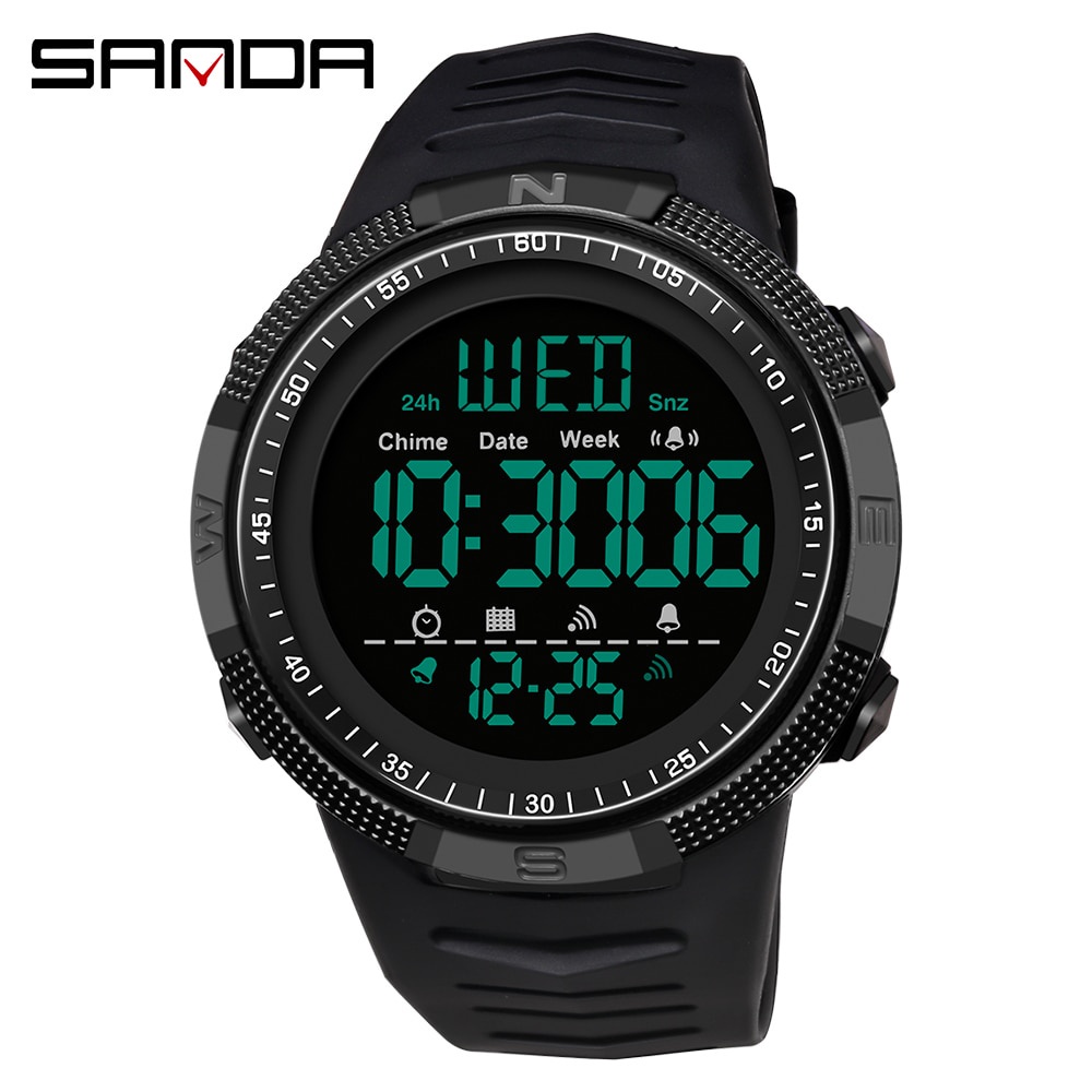 Descrição do produto em inglês após português  Nome da marca: SANDA Material da caixa: Resina Comprimento da Pulseira: 21,9cm Profundidade de Resistência à Água: 5Bar Estilo: SPORT Movimento: Digital Tipo de fecho: Fivela Formato do Estojo: REDONDO Largur