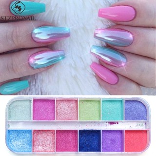 12Grids Nail Glitter Kleurrijke Efeito Spiegel Shimmer Sereia Pail Poeder Cromado Pigmento Fijn Stof Refleterende Polido Decoração Sazgf