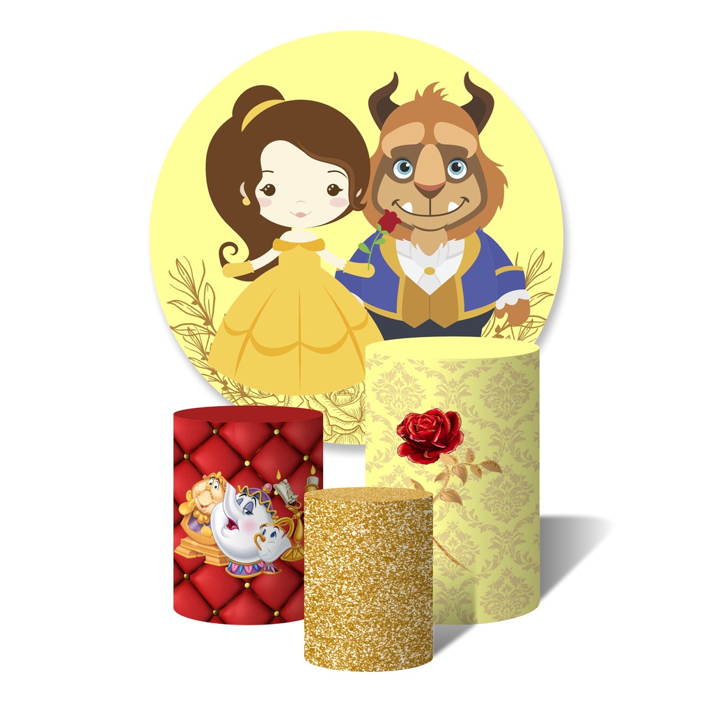 Trio de Capas Cilíndricas + Painel Redondo Sublimado c/ Elástico, Decoração de Festa, Tema Bela e a Fera Cute Capitone Flor e Brilho