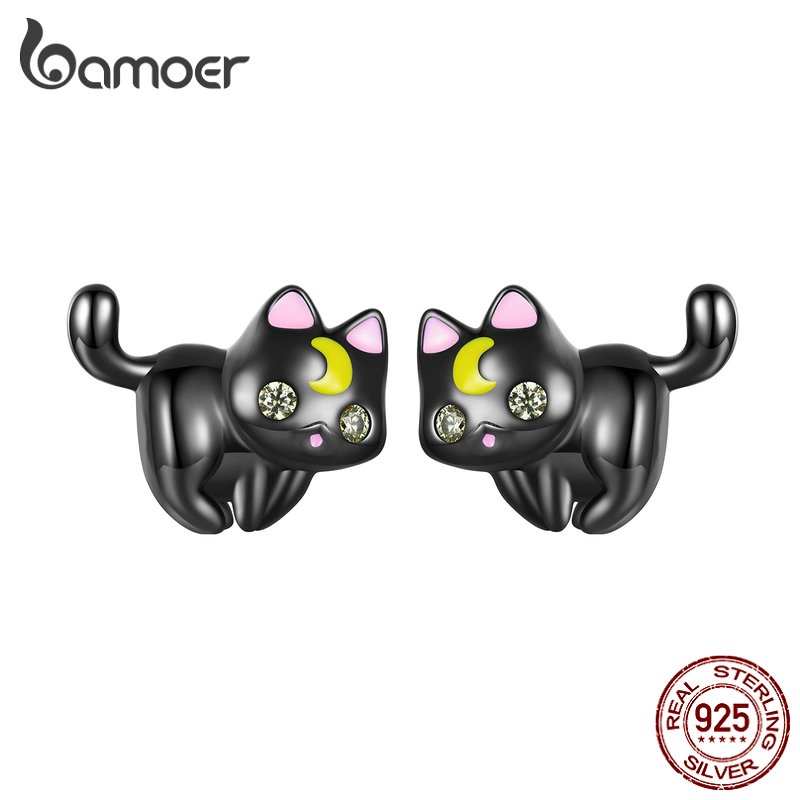 Bamoer 925 Prata Esterlina (1 Par) Venda A Quente Brincos Clássicos De Gato Preto De Moda Para Mulheres SCE1584
