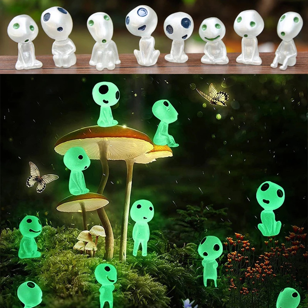 [Destaque] 10Pcs/set Princesa Mononoke Blue Green Tree Spirits Micro Landscape Figure Ornament Mini Briquetes Luminosos