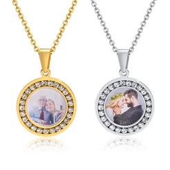 Vnox Colar Fotográfico Masculino Com Estilo , Pingente Redondo Feminino De Moedas De Aço Inoxidável Zircônia Cúbica AAA