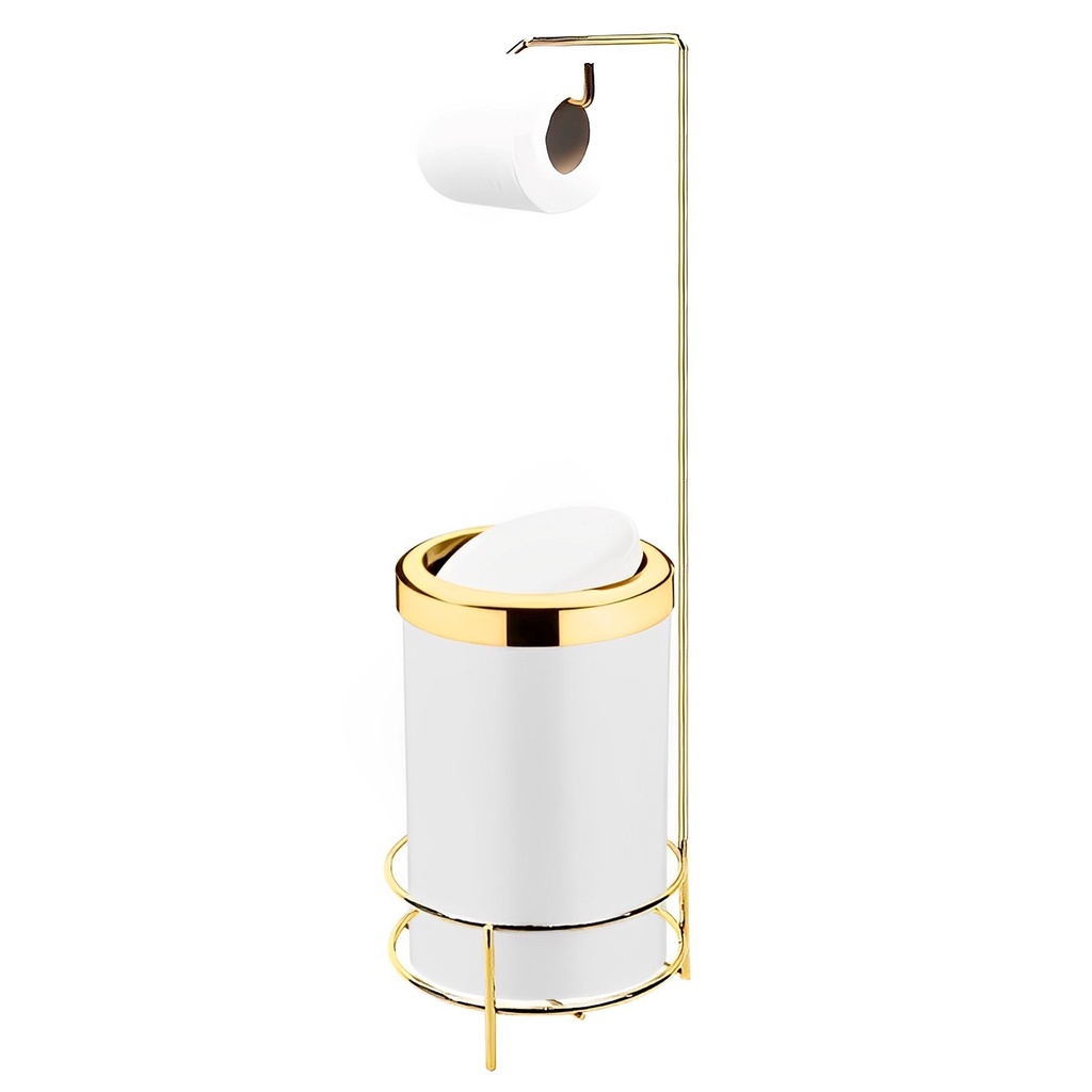 Kit Suporte Porta Papel Higiênico Com Lixeira 8L Cesto Lixo Tampa Basculante Banheiro Dourado Branco - Future