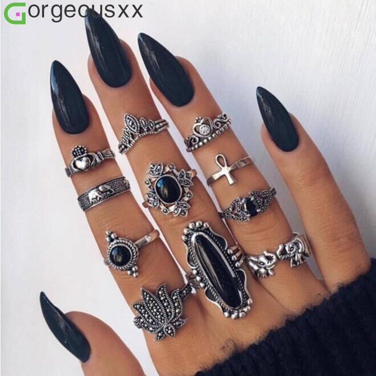 11pcs Personalidade Moda Preto Imitação Anéis De Gemas Para Mulheres Retro Coroa Elefante Lótus Feminino Jóias Presentes Festa