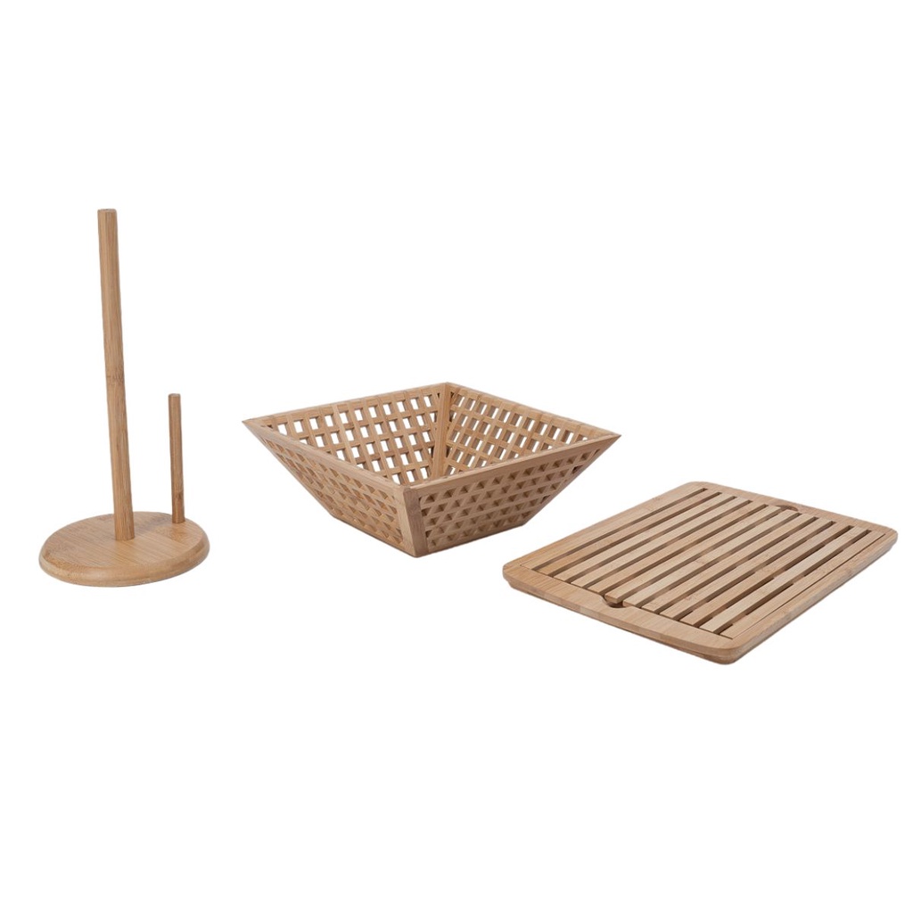Kit com fruteira vazada, porta papel toalha e tábua migalheira de pão de bambu - Oikos em Oferta na Shopee