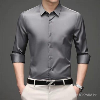 Camisa de Paul para negócios de primavera e verão de seda de gelo manga longa dos homens de seda formal slim fit rugas r em Oferta na Shopee