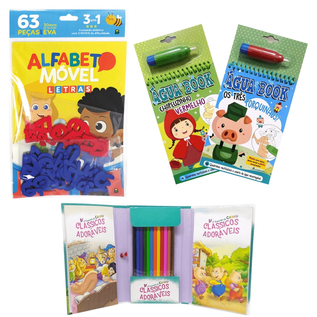 Kit Infantil Colorir e Aprender | Lápis de cor + Aqua Book Chapeuzinho Vermelho Três Porquinhos + 63 peças Alfabeto EVA