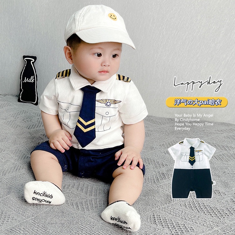 Bebê Algodão Verão Moda Fina Macacão Recém Nascido De Escalada Roupas Uniforme Do Capitão em Oferta na Shopee
