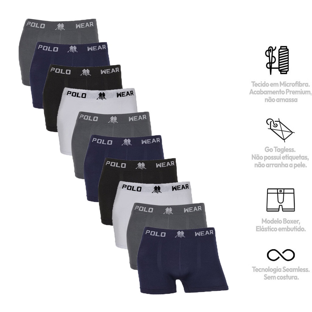 Kit C/ 10 Cuecas Boxer Polo Wear Lisa Microfibra em Oferta na Shopee