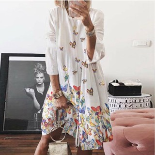 Vestido Feminino De Primavera E Outono Solto Tamanho Grande Estampa Boêmia Gola Redonda De Manga Comprida