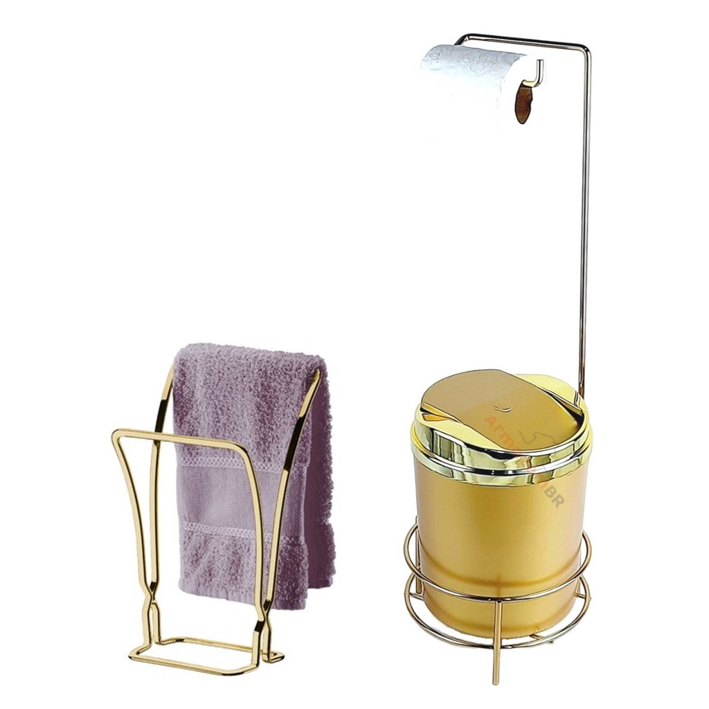 Kit Suporte Porta Papel Higiênico Lixeira 5L Tampa Basculante Toalheiro Duplo Dourado Banheiro - AMZ