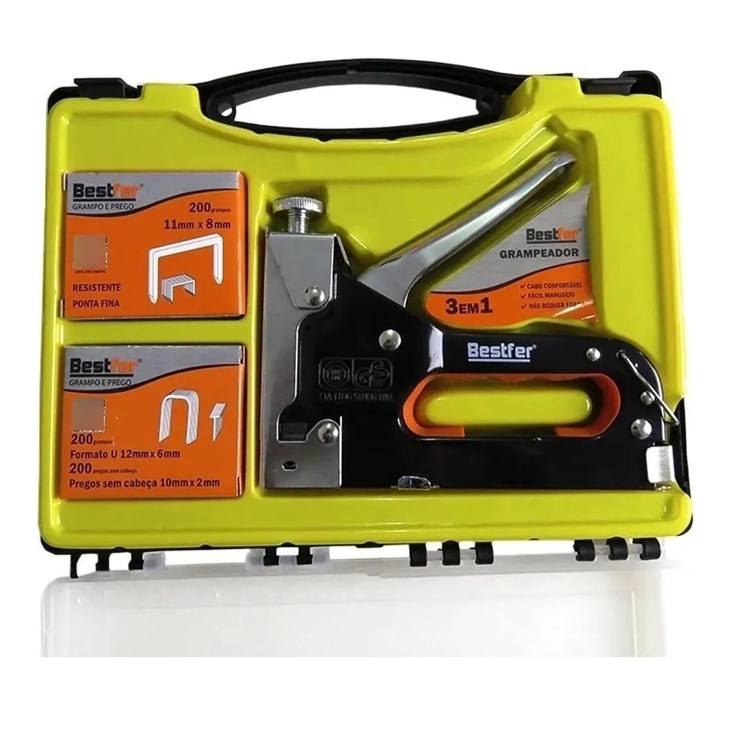 Grampeador Profissional Kit 3 Pçs Maleta Tapeceiro Madeira Estofado Manual Bestfer BFH0133