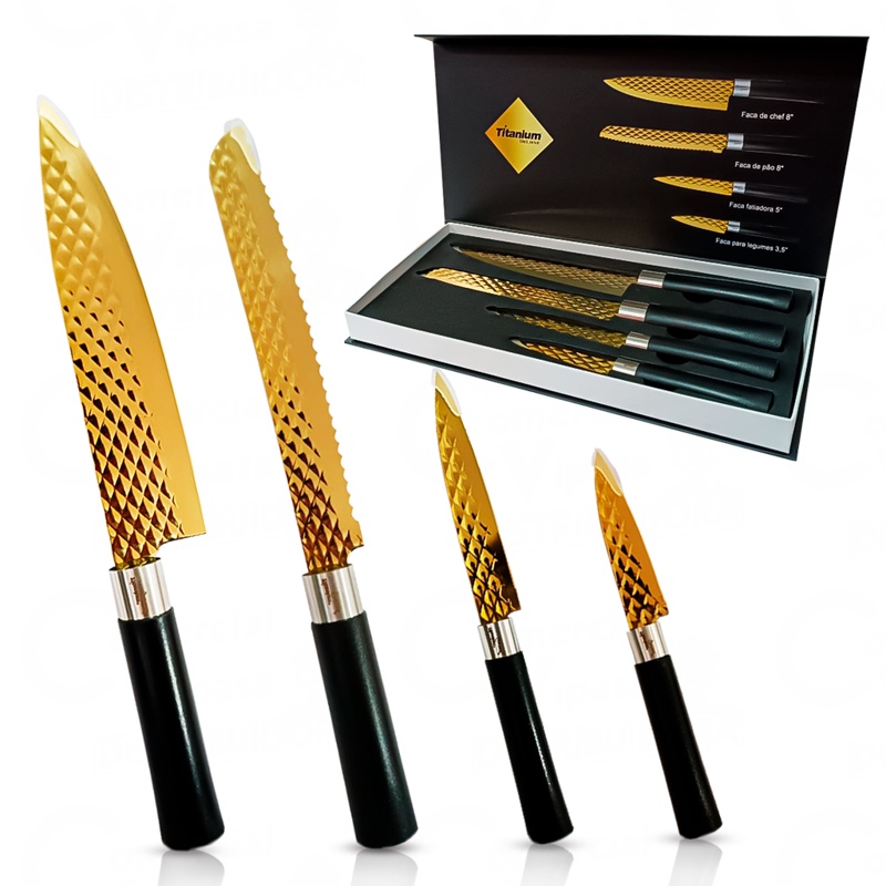 Kit Jogo De Facas Deluxe Gourmet De 4 Peças Aço Inox Alto Brilho Resistente Elegance Alta Qualidade em Oferta na Shopee
