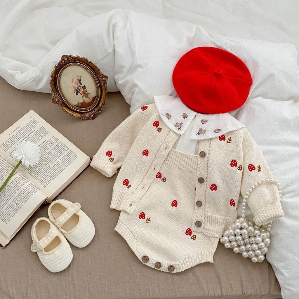Primavera Roupas Para Bebês Bonito Bebê Menina Cogumelo Bordado Camisola Casaco Sem Mangas...