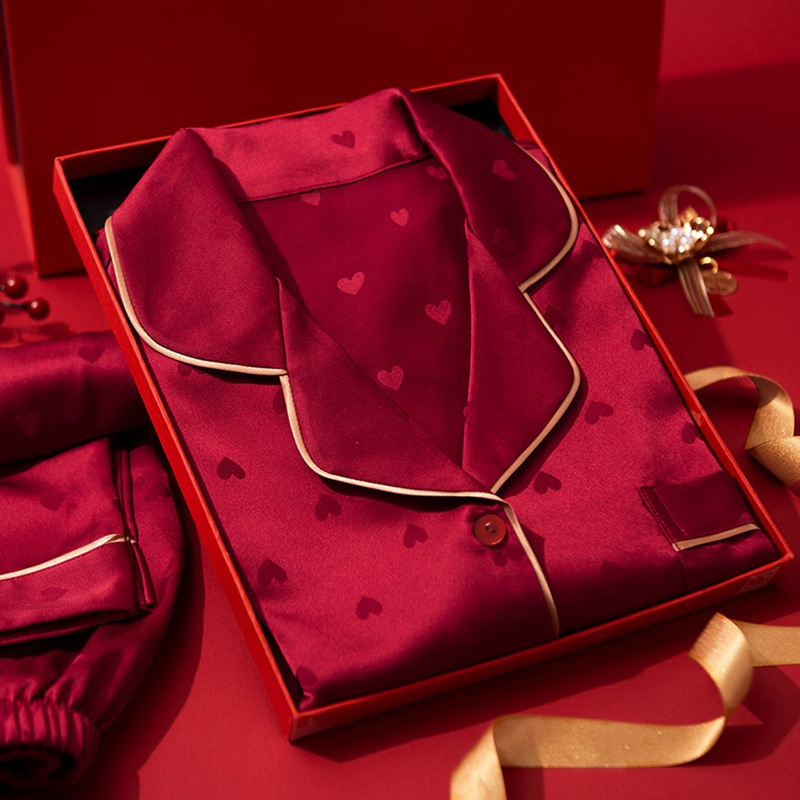 Pijama de casamento feminino de seda de gelo vermelho casal conjuntos roupa de casa