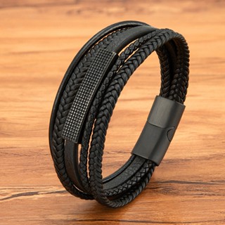 Pulseira De Couro Preto Trançado De Várias Camadas Aço Inoxidável Para Jóias Masculinas