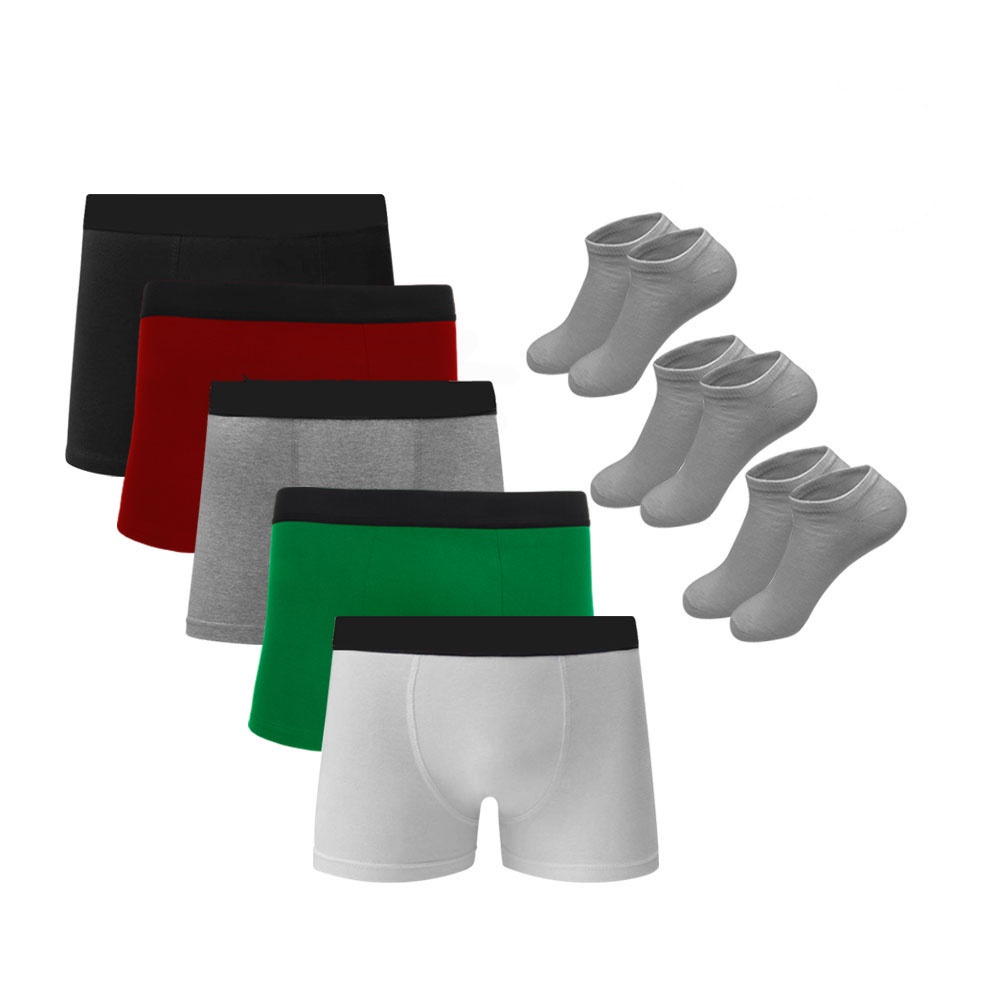Kit 5 Cuecas Boxer Algodão c/ Poliéster C5 + 3 Pares de Meias