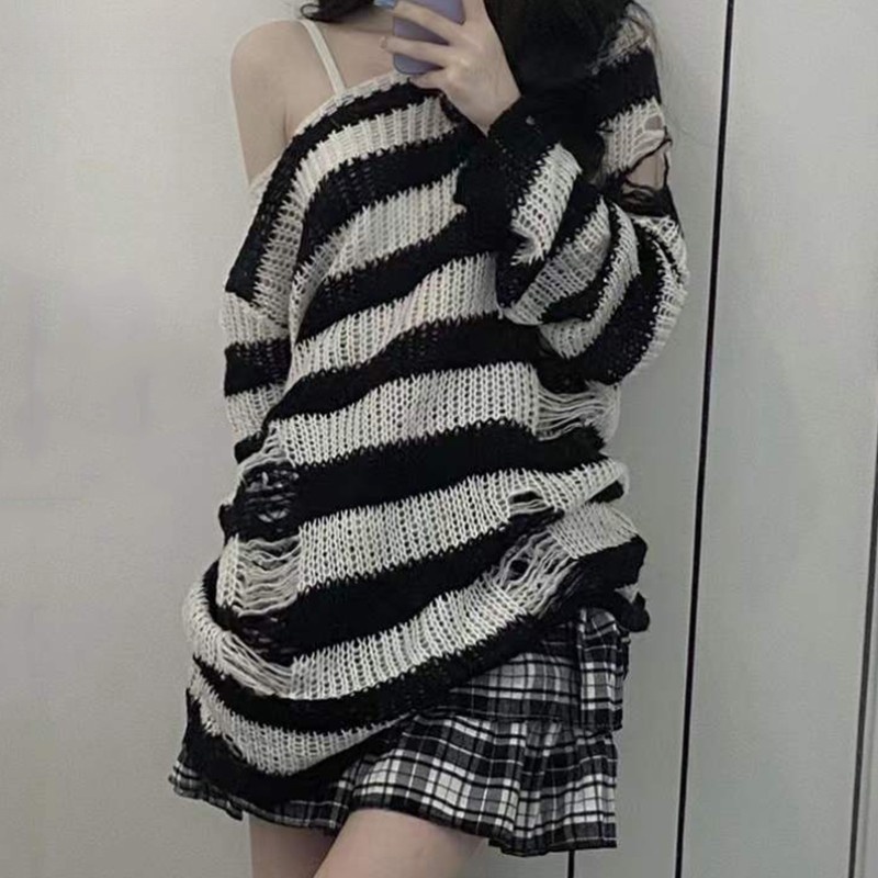 Karrcat Punk Gótico Suéter Longo Feminino Estético Escuro Listrado Pulôveres Ocos Tamanho Grande Grunge Pulovers Emo Alt Roupas Y2k